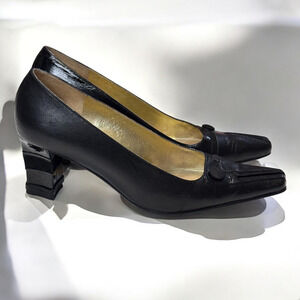 Vintage Lanzoni & B Black Pumps Handmade Italian Leather Velvet Deco Heel 5.5M